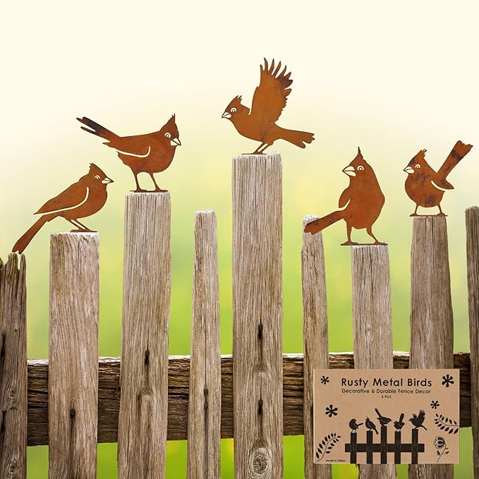 5-Pack Rustic Metal Bird Statues for Outdoor Garden - Vintage Yard Art Decor with Realistic Bird Shapes for Fence, Patio, Lawn Ornament