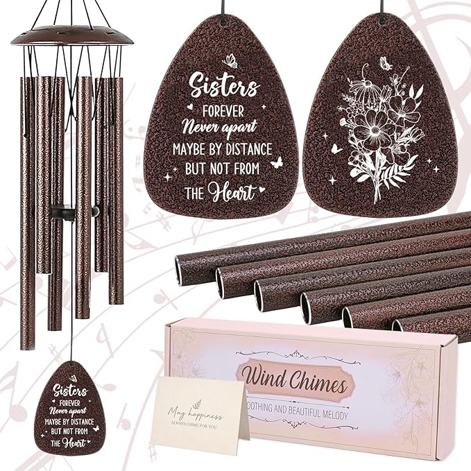 Sister Gifts Wind Chimes - Metal Windchimes Outdoors with Greeting Card Waterproof Hanging Decor for Garden Patio Yard Balcony Backyard Appreciation Sisterhood Birthday Gift for Sisters