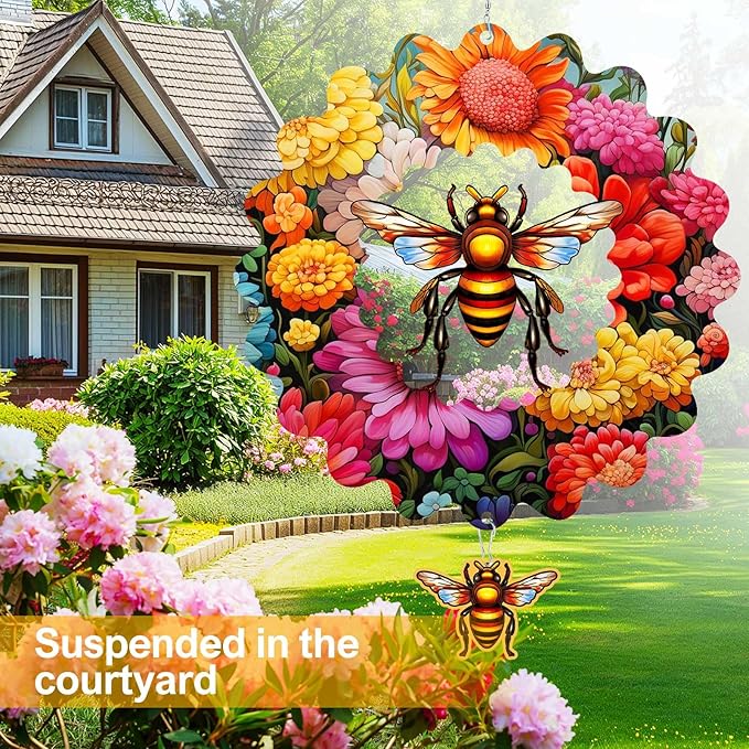 Bee Wind Spinners for Yard and Garden,12 inch Large Metal Wind Spinner Hanging Gifts for Women/Men, Magical 3D Kinetic Wind Sculptures for Indoor/Outdoor Decorations (Bee)