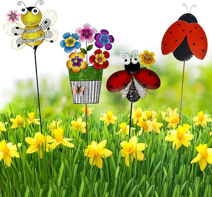 Metal Garden Stakes Spring Yard Sign Decorative Plant Stake Lawn Art Patio Decor Pathway Ornaments Indoor Outdoor Decoration (Ladybug)
