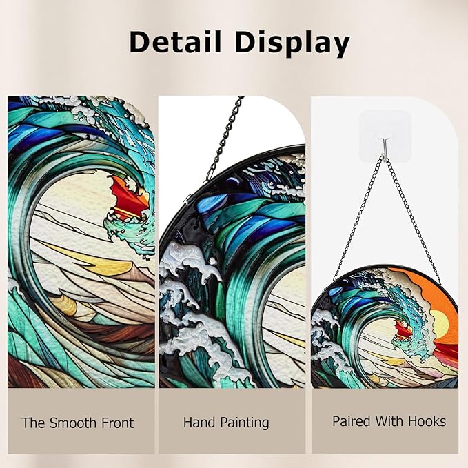 Suncatcher Stained Glass Window Hanging - Waves Glass Panel with Metal Chain and Hooks Handmade Sun Catcher Decoration for Window Garden Home Christmas & Birthday Gifts