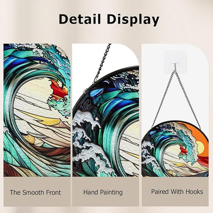Suncatcher Stained Glass Window Hanging - Waves Glass Panel with Metal Chain and Hooks Handmade Sun Catcher Decoration for Window Garden Home Christmas & Birthday Gifts