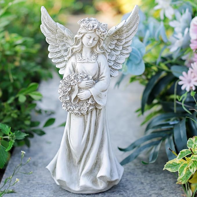 Angel Garden Statue Holding a Floral Wreath, Memorial Figurine for Patio, Lawn, Yard, Sympathy Gift Cemetery Grave, Ployresin 11.8 inch