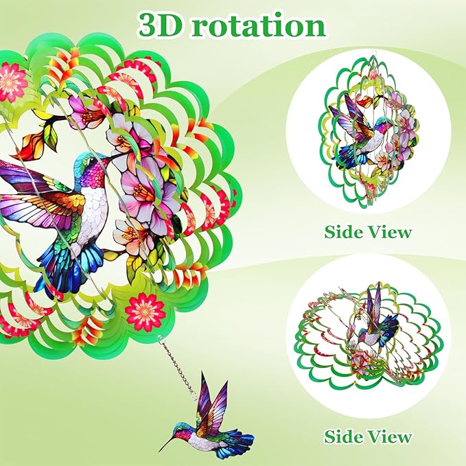 FACIACC Wind Spinners Outdoor,Hummingbird Metal 3D Hanging Garden Decor, 12-inch Stainless Steel Wind Spinner with Tail Spinner, Wind Sculptures for Indoor Patio Lawn Yard, Ornament Gift for Women/Men