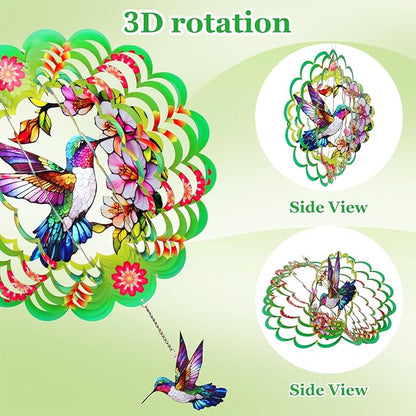 FACIACC Wind Spinners Outdoor,Hummingbird Metal 3D Hanging Garden Decor, 12-inch Stainless Steel Wind Spinner with Tail Spinner, Wind Sculptures for Indoor Patio Lawn Yard, Ornament Gift for Women/Men