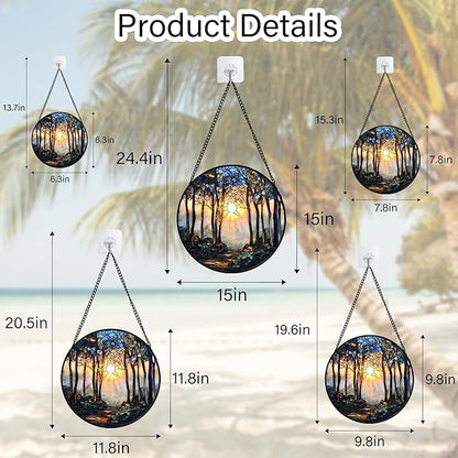 DASTOLL Stained Glass Window Hanging, Forest Sunrise Smoke Blue Brown Tree Suncatcher for Doors Window Home Landscape Sun Catchers Decor Mother's Day Birthday Gifts for Women, Men Mom 6.3 in