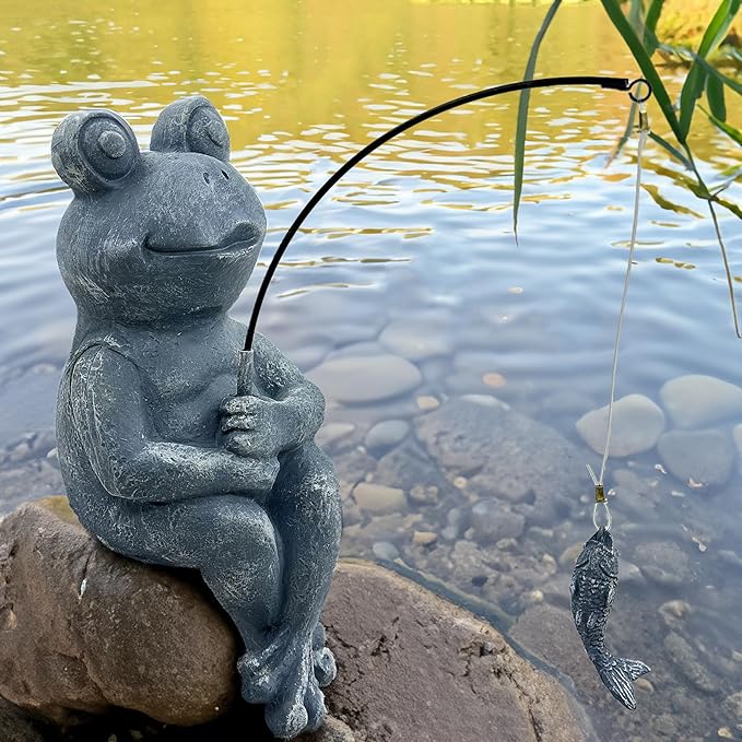 Teaeeno Cute Frog Decor Statue,Frog Fisher for Garden Pond Decor,Animal Fishing Sculpture,Pond Accessories Decor,Poolside Statues,Perfect for Gardens Pond,Lakefront,Forg Decor Outdoor