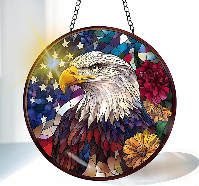 VAIIEYO Eagle Sun Catcher Stained Glass Window Hanging Ornament, Handmade Bird Sun Catcher Animal Decoration with Hooks for Window Garden Home, Mother's Day & Birthday Housewarming Gift (7.8 inch)