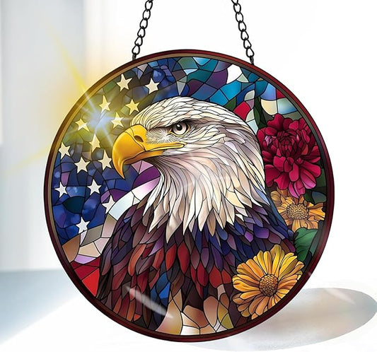 VAIIEYO Eagle Sun Catcher Stained Glass Window Hanging Ornament, Handmade Bird Sun Catcher Animal Decoration with Hooks for Window Garden Home, Mother's Day & Birthday Housewarming Gift (7.8 inch)