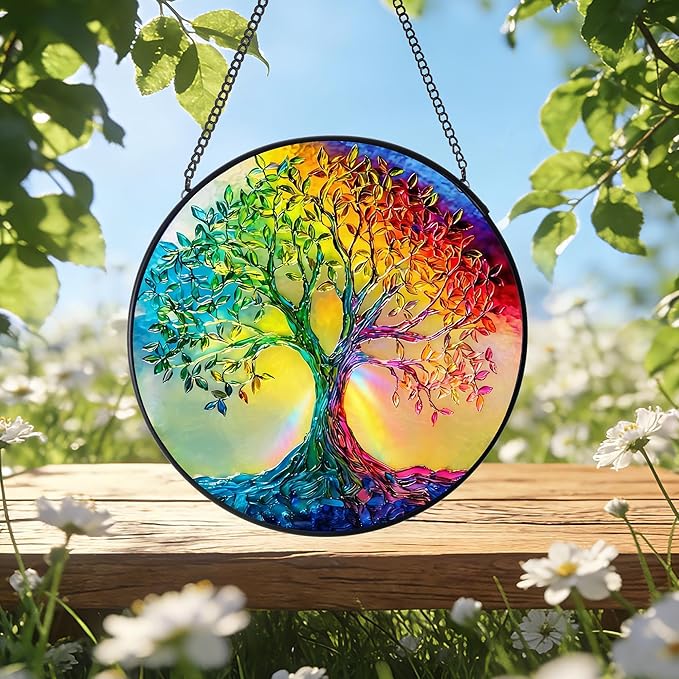 7.8 in Stained Glass Window Hanging, Rainbow Tree of Life Suncatcher for Home Decor, Handmade Decorative Ornament Boho Wall Art Ideal Gift for Mom Grandma Housewarming