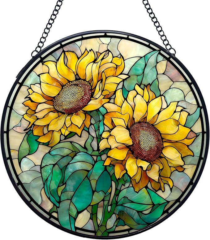 Sunflower Stained Glass Window Hanging Suncatchers, Sunflower Flower Sun Catchers Indoor Window Glass Wall Art Decor, Floral Wall Hanging Decorations Sculptures, 7.9x7.9in