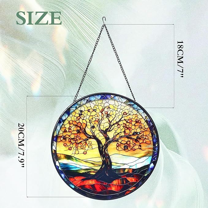 Tree of Life Stained Glass Window Hanging Suncatcher with Chain - 7.9" Outdoor/Indoor Art Decor for Home Garden, Wedding, Mother's, Thanksgiving, Valentine's & Christmas Ornaments Present