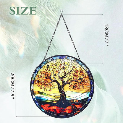 Tree of Life Stained Glass Window Hanging Suncatcher with Chain - 7.9" Outdoor/Indoor Art Decor for Home Garden, Wedding, Mother's, Thanksgiving, Valentine's & Christmas Ornaments Present