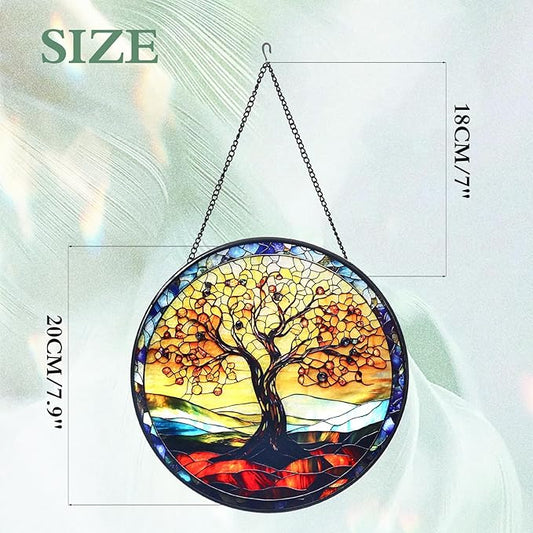 Tree of Life Stained Glass Window Hanging Suncatcher with Chain - 7.9" Outdoor/Indoor Art Decor for Home Garden, Wedding, Mother's, Thanksgiving, Valentine's & Christmas Ornaments Present