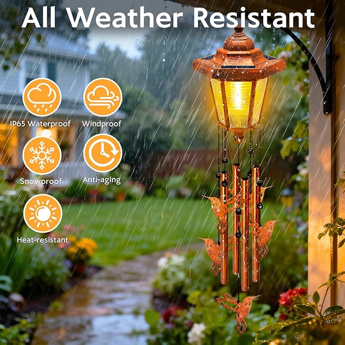 Large Solar Hummingbird Wind Chimes with Wind Catcher/Solar Decor Light to Create a Zen Atmosphere Decor for Outdoor Garden Patio, Classic Bronze Wind Chimes, Gifts for Mom Grandma Women Wife Daughter