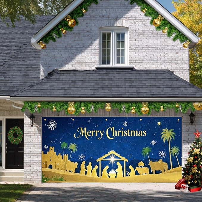 HOMETITUTE Christmas Garage Door Banner 13x6ft Gold Nativity Scene with Baby and Figures Blue Night Sky Green Palm Trees Gold Castle Holiday Outdoor Yard Decor Seasonal Party Backdrop