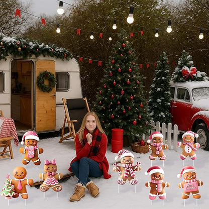 8 Pcs Christmas Gingerbread Man Yard Signs with Stakes Outdoor 3D Gingerbread House Decoration Xmas Yard Stakes Lawn Signs for Christmas Holiday Pathway Garden Patio Party Favors (Elegant)
