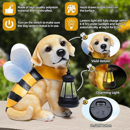 Solar Garden Statue - Honeybee Dog Figurine with LED Lantern, Resin Outdoor Decor for Patio, Lawn & Yard, Garden Art, Ideal Gift for Mom, Grandma, Housewarming
