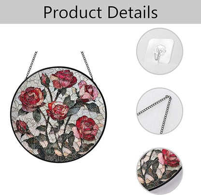 Pink Red Roses Stained Glass Window Hanging Suncatchers Valentine Roses Glass Panel Hangings Vintage Floral Window Decor Flowers Lovers Gift for Women Mom Spring Garden Nature Ornament 5.9inch