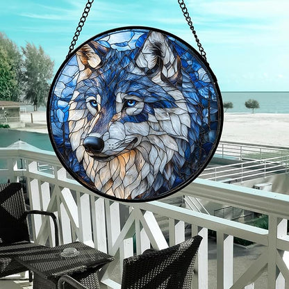 DASTOLL Stained Glass Window Hanging - Funny Wolf Suncatcher Ready to Hang Window Doors Home Decoration and Christmas, Mother's Day Birthday Gifts for Women, Men, and Mom 14.9x14.9 in