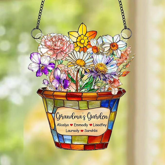 Personalized Grandmas Garden Stained Glass Acrylic Suncatchers, Custom Name Birth Month Flowers Window Hanging Ornament, Mothers Day Christmas Birthday Gifts for Grandma Mom Nana Mimi (Style 07)