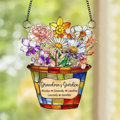 Personalized Grandmas Garden Stained Glass Acrylic Suncatchers, Custom Name Birth Month Flowers Window Hanging Ornament, Mothers Day Christmas Birthday Gifts for Grandma Mom Nana Mimi (Style 07)