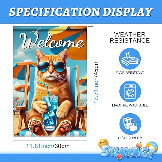 HOMETITUTE Hello Summer Beach Orange Cat Garden Flag 12×18 Inch Double Sided Summer Coastal Seasonal Tropical Pool Yard Flag Summer Cat Garden Flags Tropical Ocean Sea Outside Outdoor House Decoration
