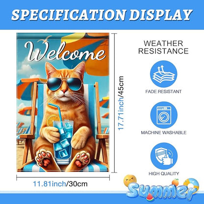 HOMETITUTE Hello Summer Beach Orange Cat Garden Flag 12×18 Inch Double Sided Summer Coastal Seasonal Tropical Pool Yard Flag Summer Cat Garden Flags Tropical Ocean Sea Outside Outdoor House Decoration