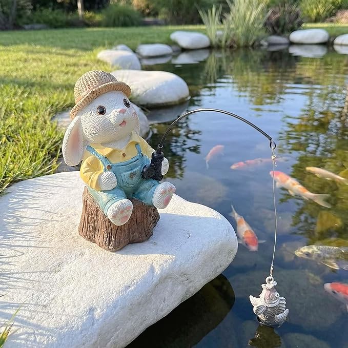 Resin Rabbit Statue - Unique Pond Ornaments & Outdoor Garden Decor | Koi & Fish Pond Accessories | Handcrafted, Durable, Perfect for Koi Fish Decor & Pond Decor