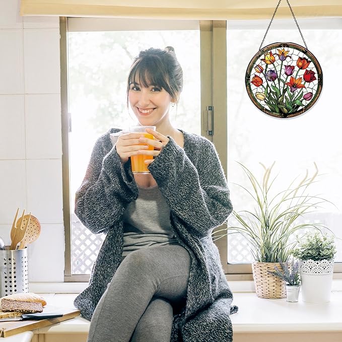 Tulip Stained Glass Window Hanging Botanical Sun Catcher Decor Tulip Lover Gifts for Women Christmas Suncatchers for Home Windows Hanging Decoration, 7.87inch