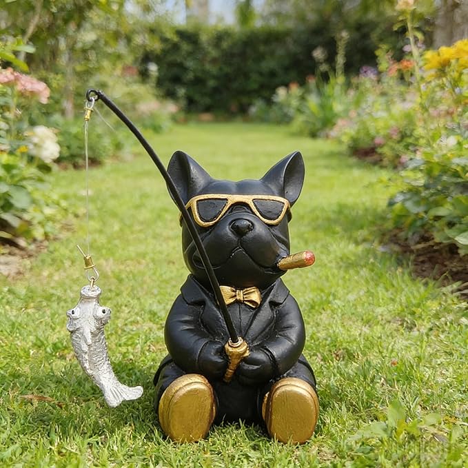 Outdoor Bulldog Resin Statue, Bulldog Garden Decoration for The Courtyard, Gift for Dog Lovers and Fishing Enthusiasts, Unique Garden Statue, Tabletop Animal Miniature Statue