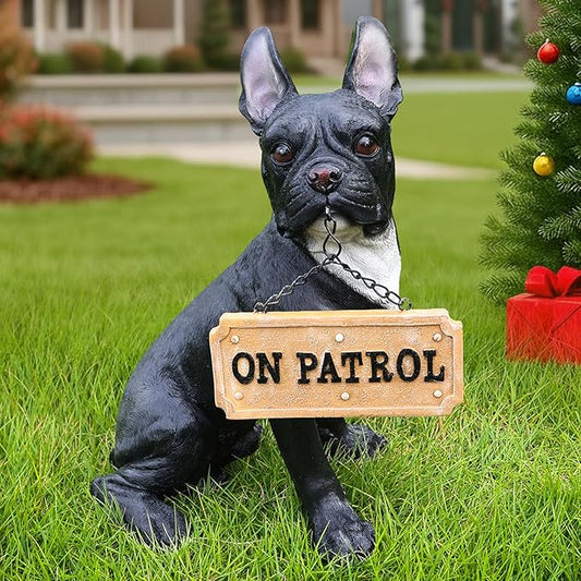 Frenchie Chic Entry Accent with Solar Lantern & Double-Sided Sign, Sitting Black French Bulldog Statue for Porch Seating, Hallway & Patio