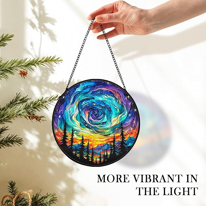 Northern Lights Suncatcher Stained Glass Window Hanging Decor Ornaments, Nature Mountain Stained Glass Decor, Landscape Garden Lawn Sun Catchers Hanging Wall Art, Nature Lover Gifts,7.9x7.9In