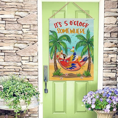 Welcome Summer Parrot Bird Decorative House Flag, It's 5 O'clock Somewhere Beach Coastal Tropical Palm Tree Garden Yard Outside Decorations, Hawaii Nautical Outdoor Large Home Decor 28 x 40