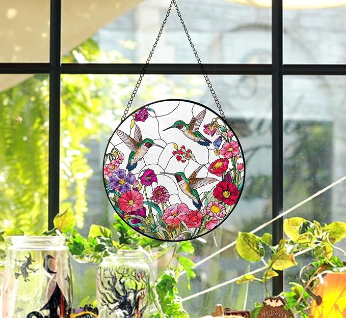 Stained Glass Window Hanging Sun Catcher 7.8 in, Colorful Hummingbird Flowers Glass Panel Suncatcher for Indoor Window Decor, Home Garden Gift for Women, Men, Wife, and Mom
