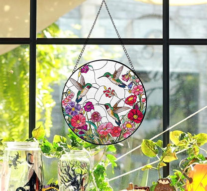 Stained Glass Window Hanging Sun Catcher 7.8 in, Colorful Hummingbird Flowers Glass Panel Suncatcher for Indoor Window Decor, Home Garden Gift for Women, Men, Wife, and Mom