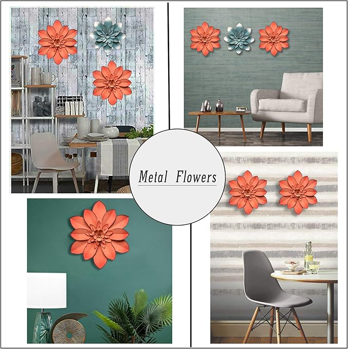 Pink Metal Flower Wall Art Decor, 11“ Rustic Modern Floral Sculpture, Distressed Hanging Home Decoration Accent Artworks for Indoor Bedroom Living Room Office Outdoor Garden Patio