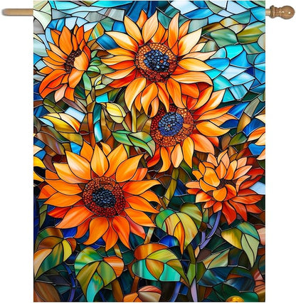 Fall Sunflower Garden Flag Autumn House Flags 28x40 Double Sided Large Thanksgiving Outdoor Flag for Outside Stained Glass Floral Yard Flags Fall Porch Lawn Flags Decorative