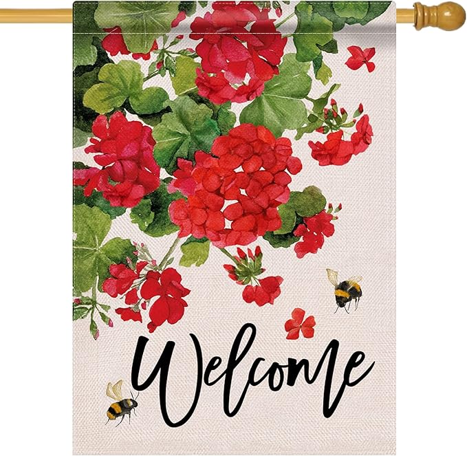 Welcome Summer Geranium Decorative House Flag, Spring Red Floral Flowers Bee Garden Yard Outside Decorations, Farmhouse Outdoor Large Home Decor Double Sided 28 x 40