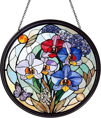 Family Birth Flowers Stained Glass Window Hanging Flower Sun Catcher Decor Birthday Gifts for Women Christmas Suncatchers for Home Windows Hanging Decoration, 7.87inch