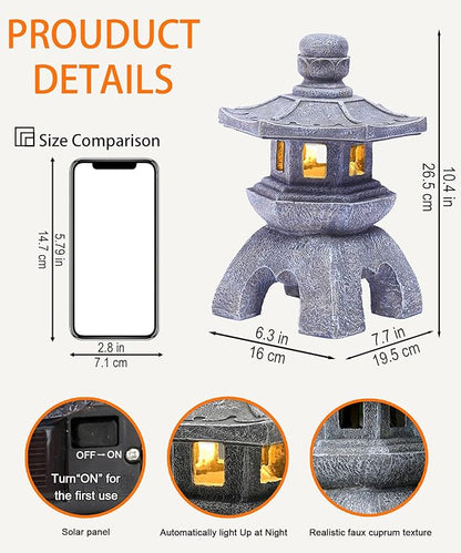 Nacome Solar Pagoda Lantern Garden Statue,Indoor/Outdoor Zen Asian Decor for Landscape Balcony,Garden,Patio,Porch Yard Art Ornament,Polyresin, Stone Finish