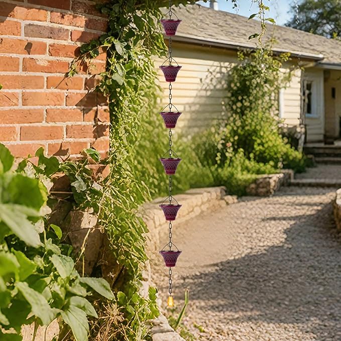 Retro Red Cup Rain Chain, 103.9" Metal Rain Catcher Chain for Gutters, Decorative Outdoor Rain Chain with Distressed Finish, Garden Downspout Diverter Replacement Gift