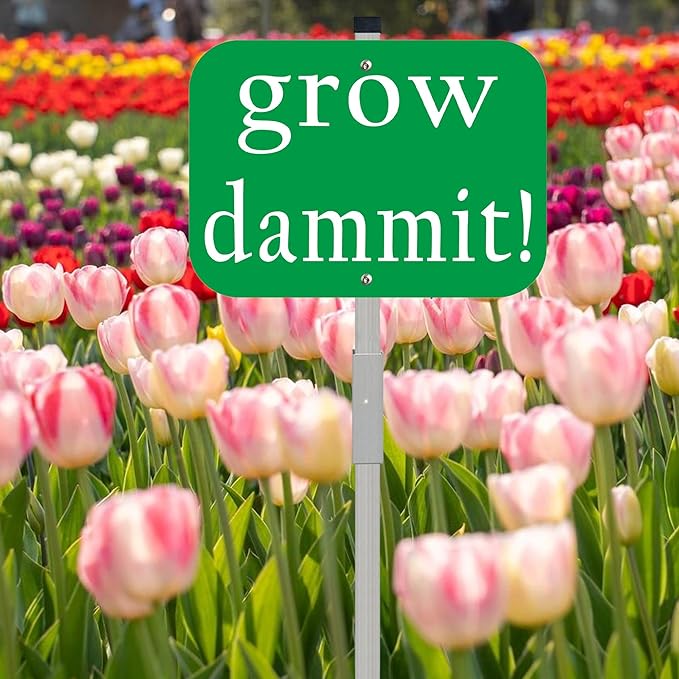 Grow Dammit Garden Signs with 28-inch metal stake, 10x7inch Metal Garden Stakes Decor Sign, Funny Gardening Gifts for Women Men and Gardeners,Green,1Pack