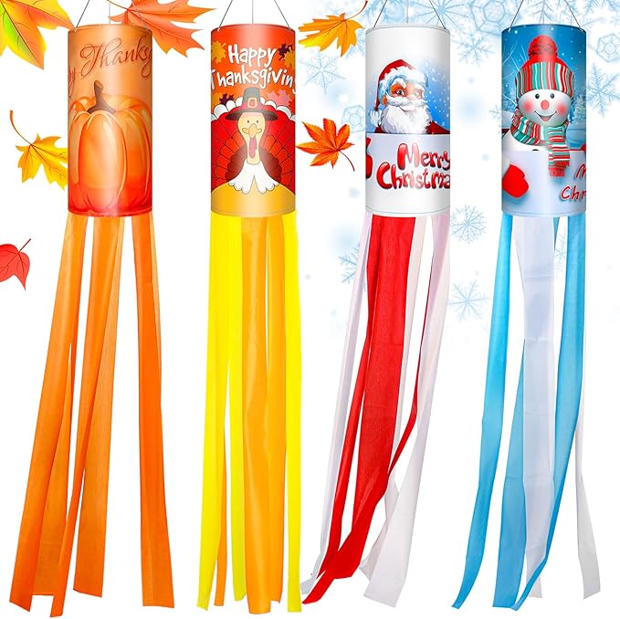 4 Pcs Thanksgiving Fall Windsocks Turkey Pumpkin Maple Leaf Autumn Christmas Santa Snowman Windsocks Flag Outdoor Hanging Windsocks for Wall Tree Front Patio Lawn Home Garden Yard