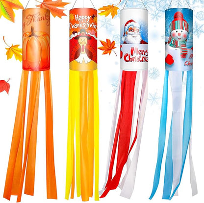 4 Pcs Thanksgiving Fall Windsocks Turkey Pumpkin Maple Leaf Autumn Christmas Santa Snowman Windsocks Flag Outdoor Hanging Windsocks for Wall Tree Front Patio Lawn Home Garden Yard