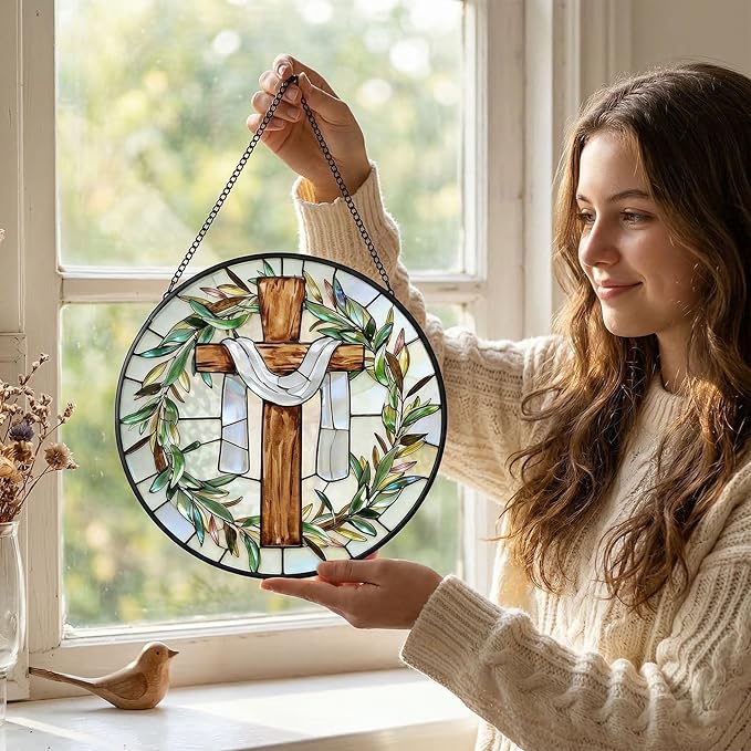 7.9 Inch Cross and Olive Leaves Stained Glass Suncatcher, Cross Sunset Suncatchers for Windows Hanging Indoor Decor, Stained Glass Gift, Christian Gifts, Religious Gifts, Window Decor