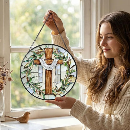 7.9 Inch Cross and Olive Leaves Stained Glass Suncatcher, Cross Sunset Suncatchers for Windows Hanging Indoor Decor, Stained Glass Gift, Christian Gifts, Religious Gifts, Window Decor