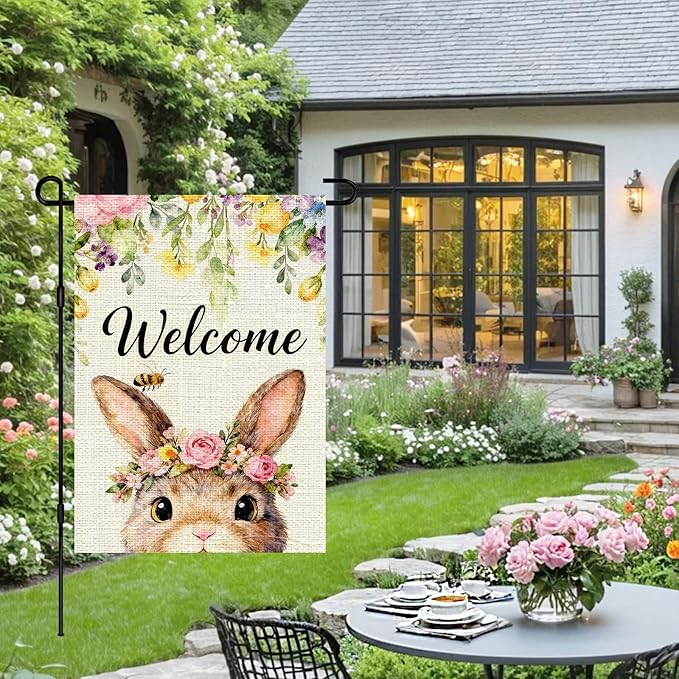 IVN Easter Bunny Garden Flag 12x18 Welcome Cute Bunny Face Floral Crown Roses Spring Flowers Bee Watercolor Double Sided Yard House Flag Seasonal Outdoor Decoration for Outside Home Front Door Lawn Porch Patio Welcome Spring Decor