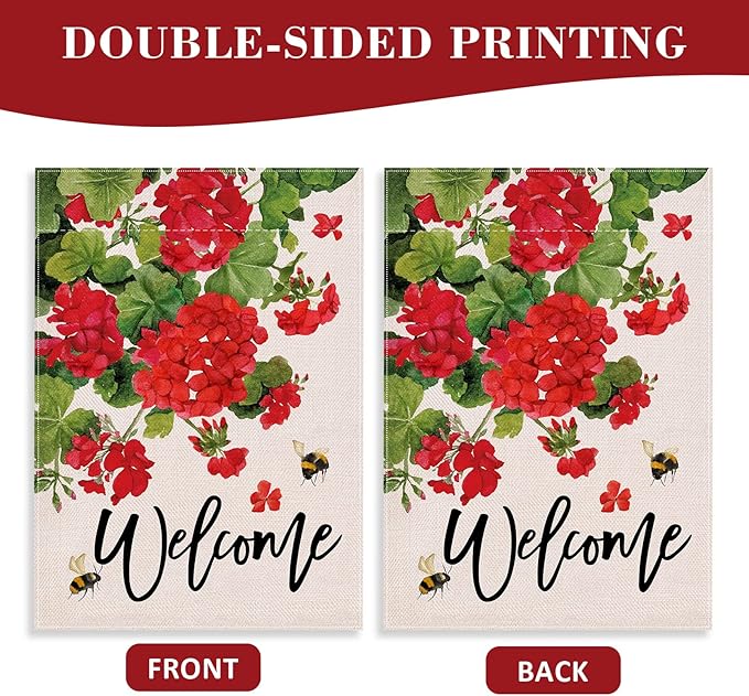 Welcome Summer Geranium Decorative House Flag, Spring Red Floral Flowers Bee Garden Yard Outside Decorations, Farmhouse Outdoor Large Home Decor Double Sided 28 x 40