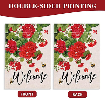 Welcome Summer Geranium Decorative House Flag, Spring Red Floral Flowers Bee Garden Yard Outside Decorations, Farmhouse Outdoor Large Home Decor Double Sided 28 x 40